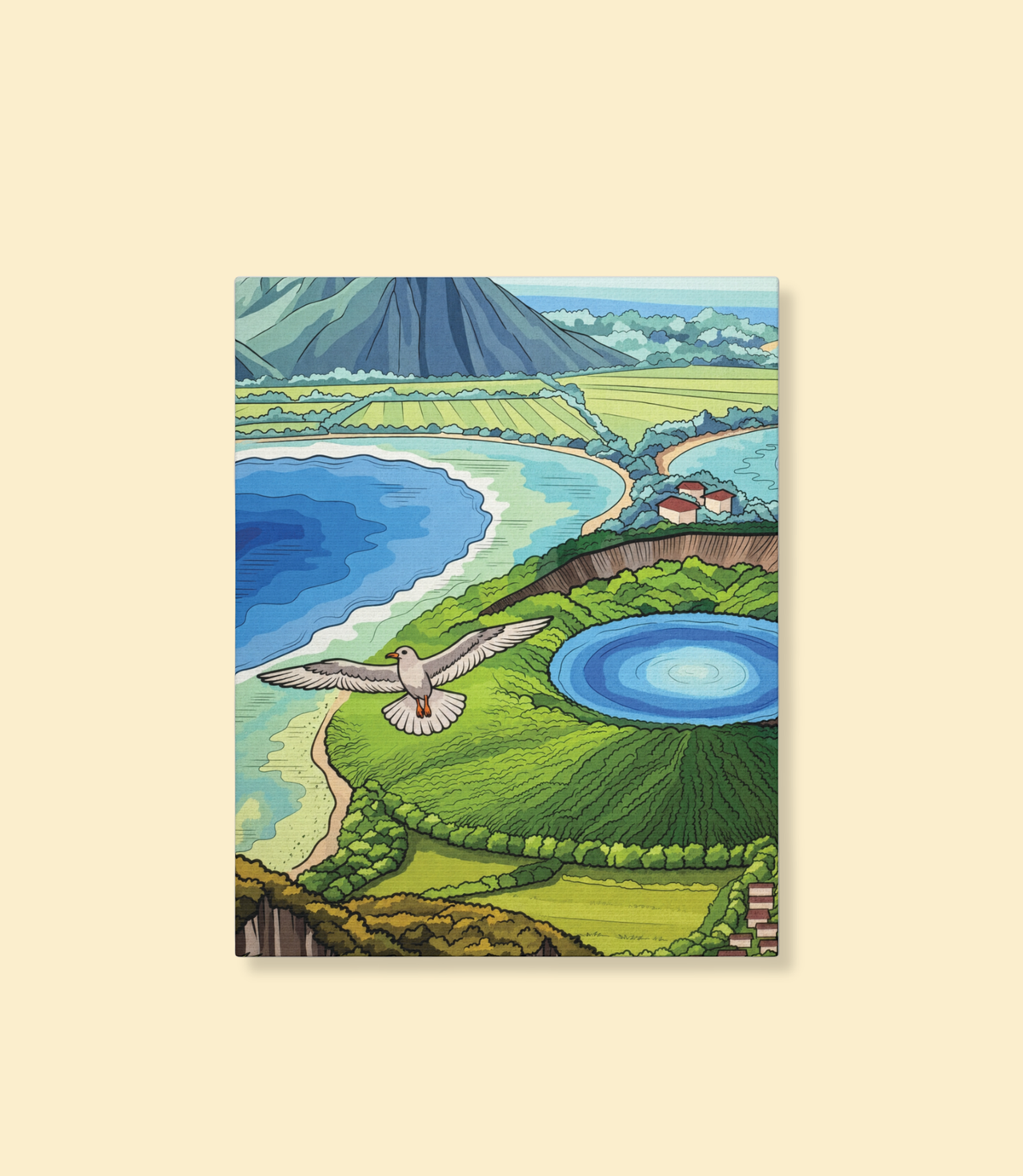 Volcanic coast and seagull canvas wall art on a cream background
