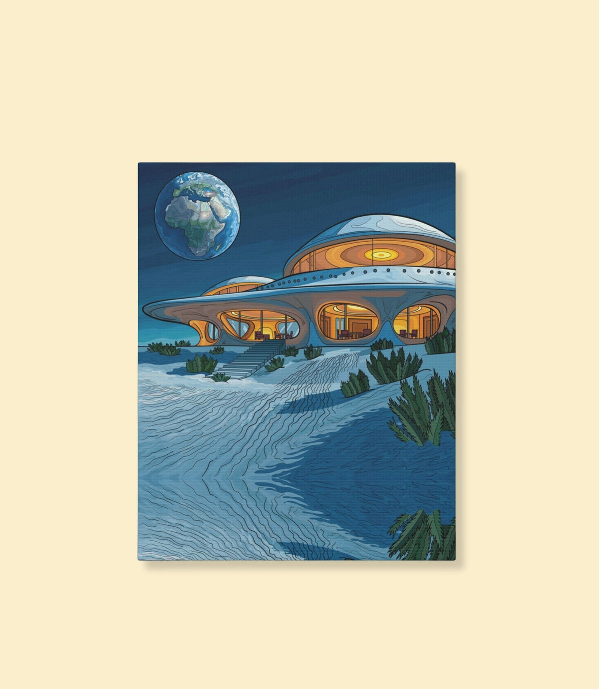 Retro space house canvas wall art on a cream background