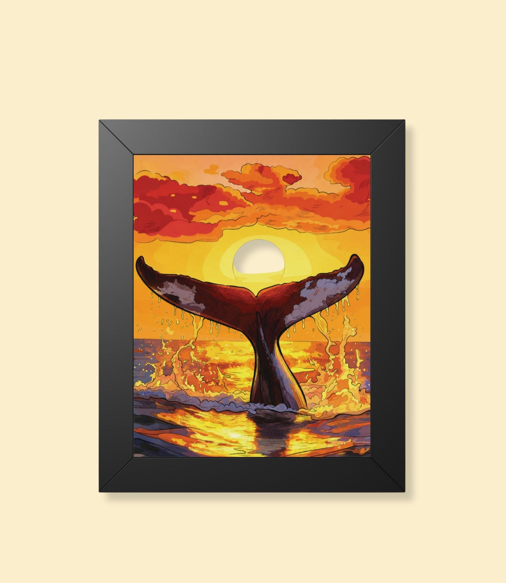 Whale tail at sunset framed poster with black frame on a cream background