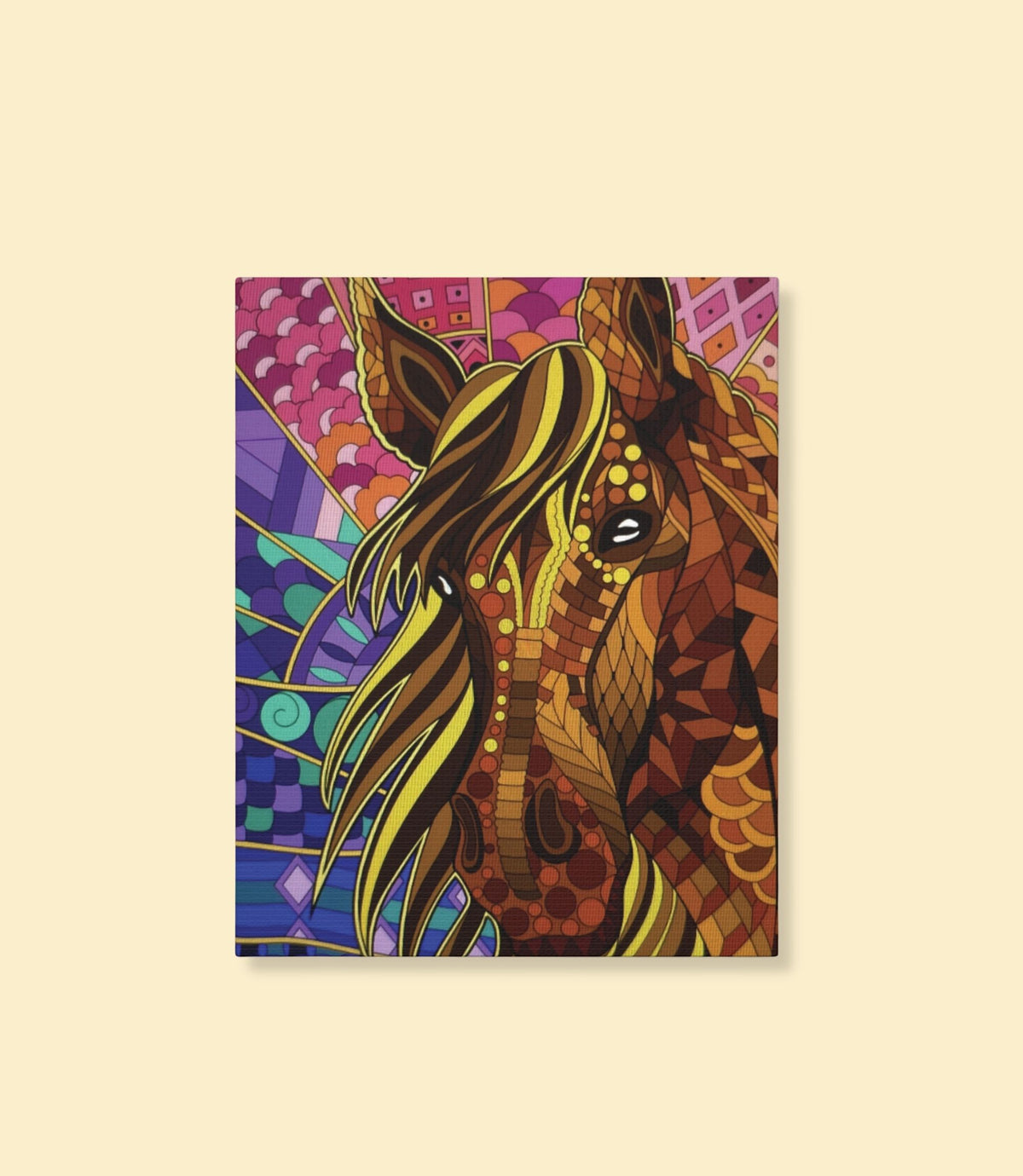 Colourful mosaic horse canvas wall art on a cream background