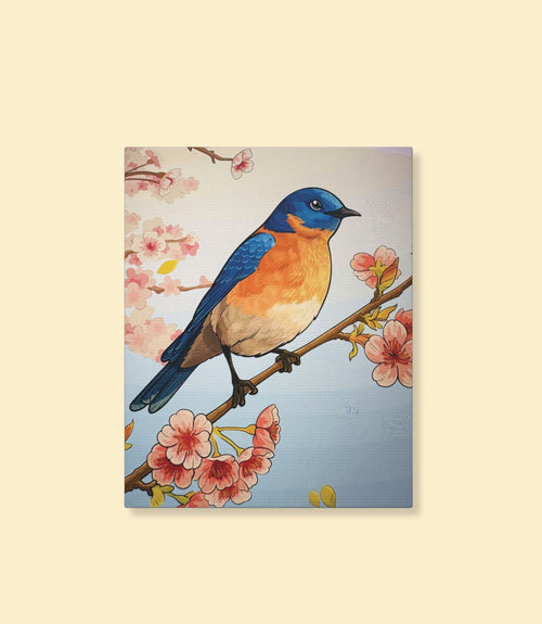 Bluebird and cherry blossoms canvas wall art on a cream background