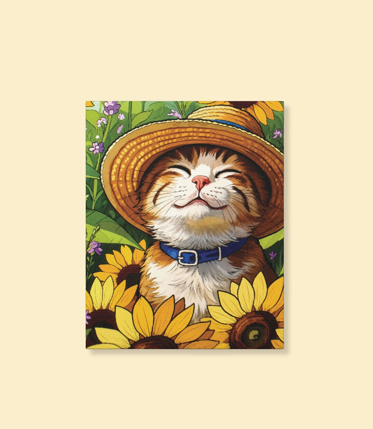 Smiling cat among sunflowers canvas wall art on a cream background