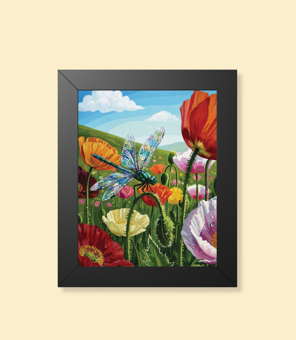 Dragonfly meadow framed poster with black frame on a cream background