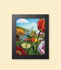 Dragonfly meadow framed poster with black frame on a cream background