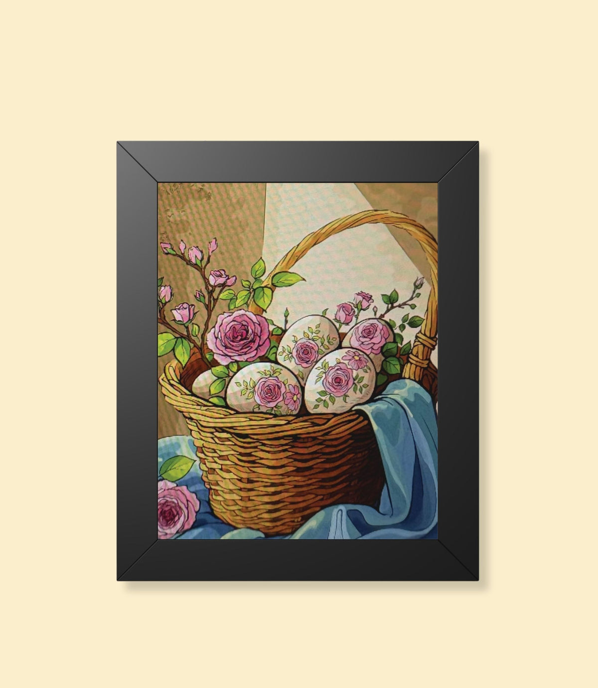 Floral Easter basket framed poster with black frame on a cream background