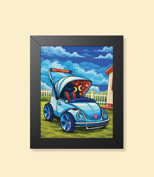 Blue bug car framed poster with black frame on a cream background