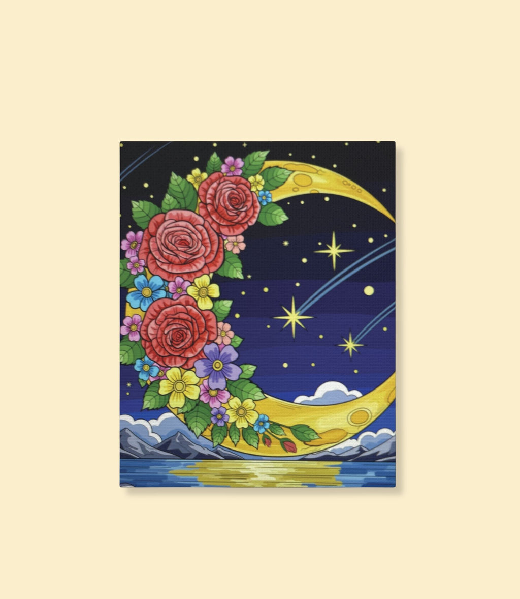 Floral crescent moon canvas wall art on a cream background