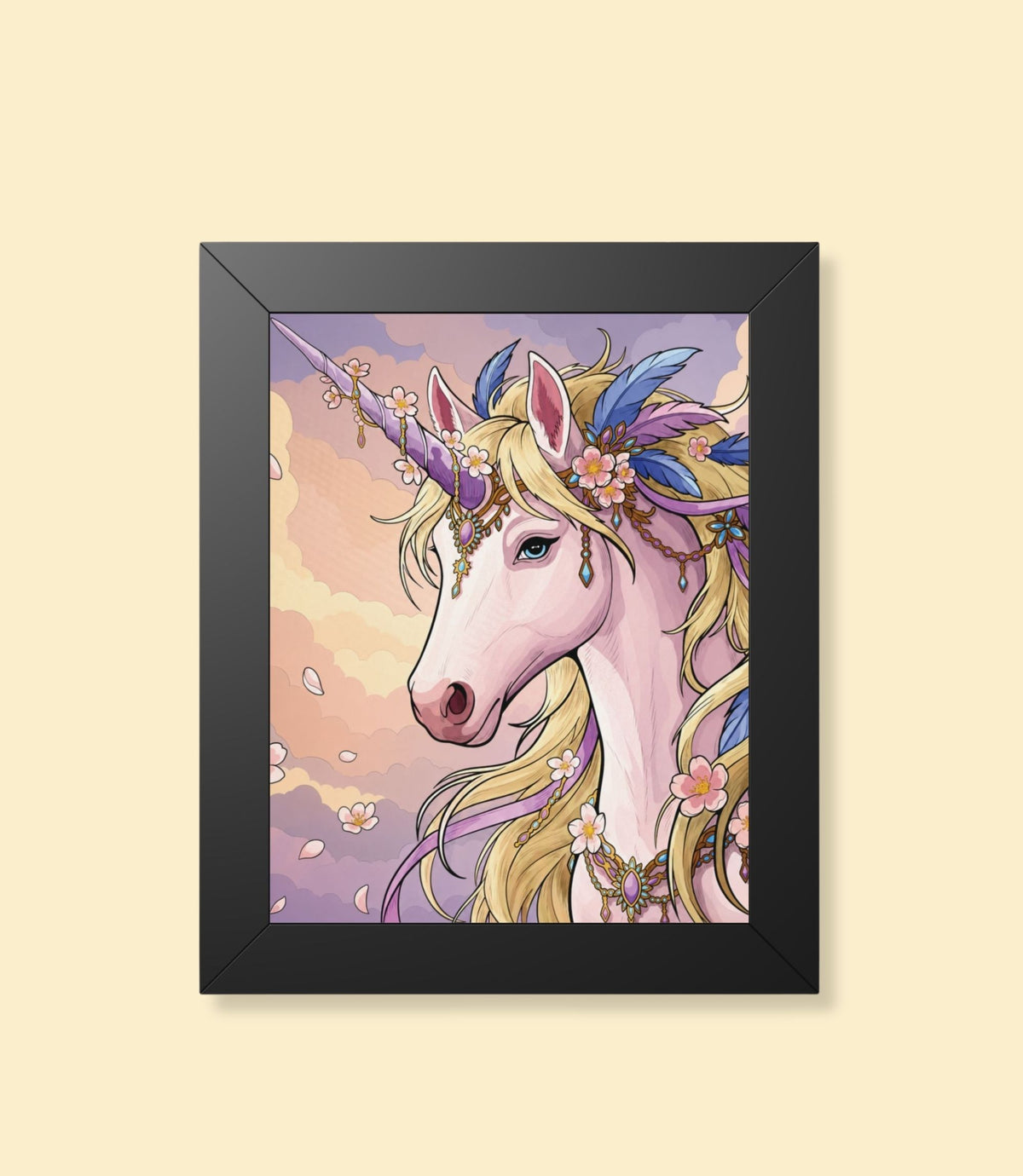 Pastel unicorn framed poster with black frame on a cream background