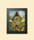 Whimsical floral birdhouse framed poster with black frame on a cream background