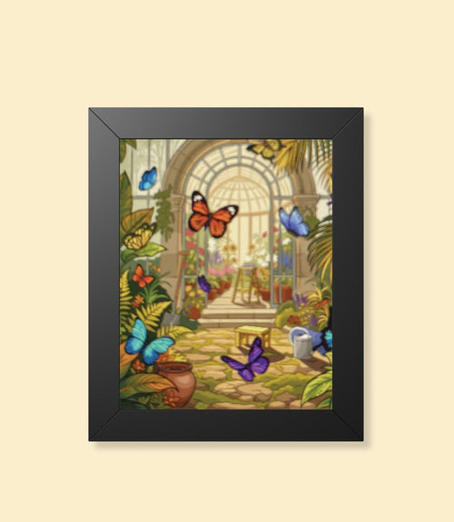 Butterfly conservatory framed poster with black frame on a cream background