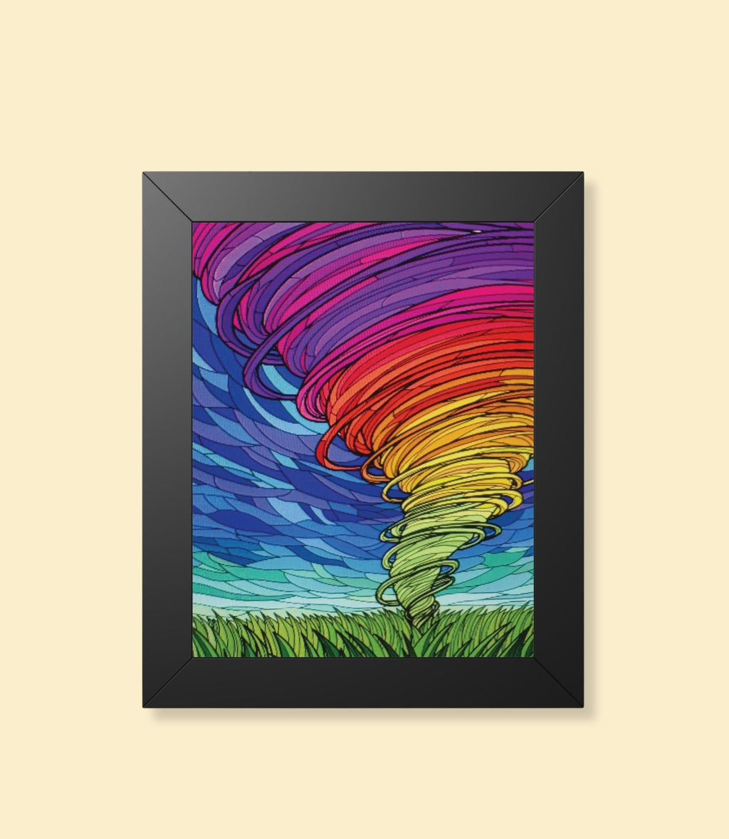 Rainbow tornado framed poster with black frame on a cream background