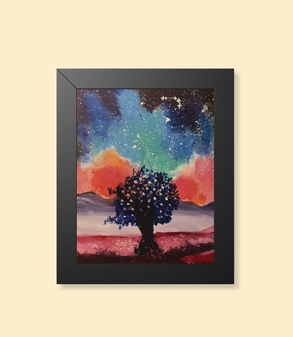Galaxy tree framed poster with black frame on a cream background