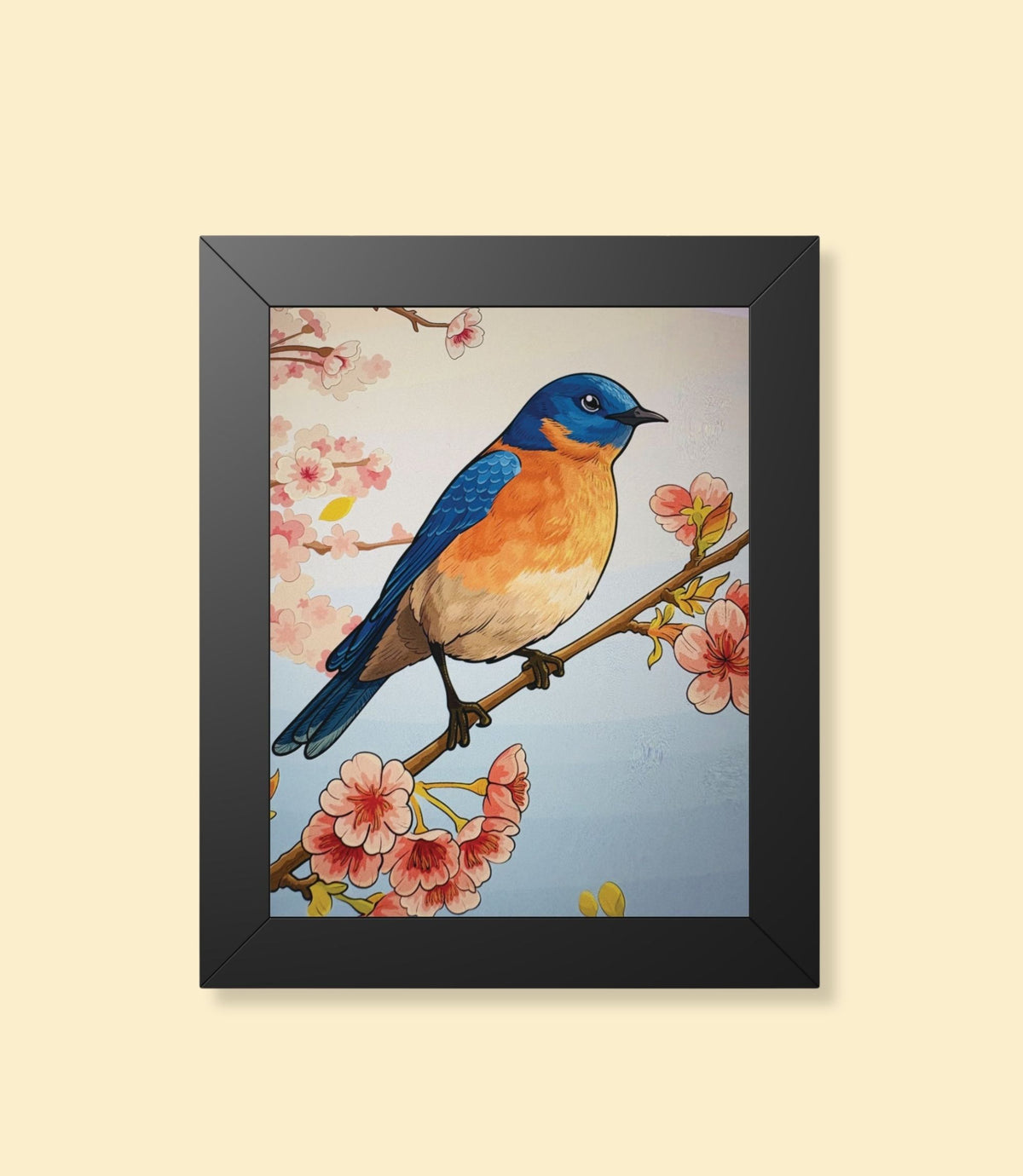 Bluebird and cherry blossoms framed poster with black frame on a cream background