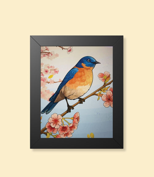 Bluebird and cherry blossoms framed poster with black frame on a cream background