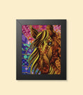 Colourful mosaic horse framed poster with black frame on a cream background