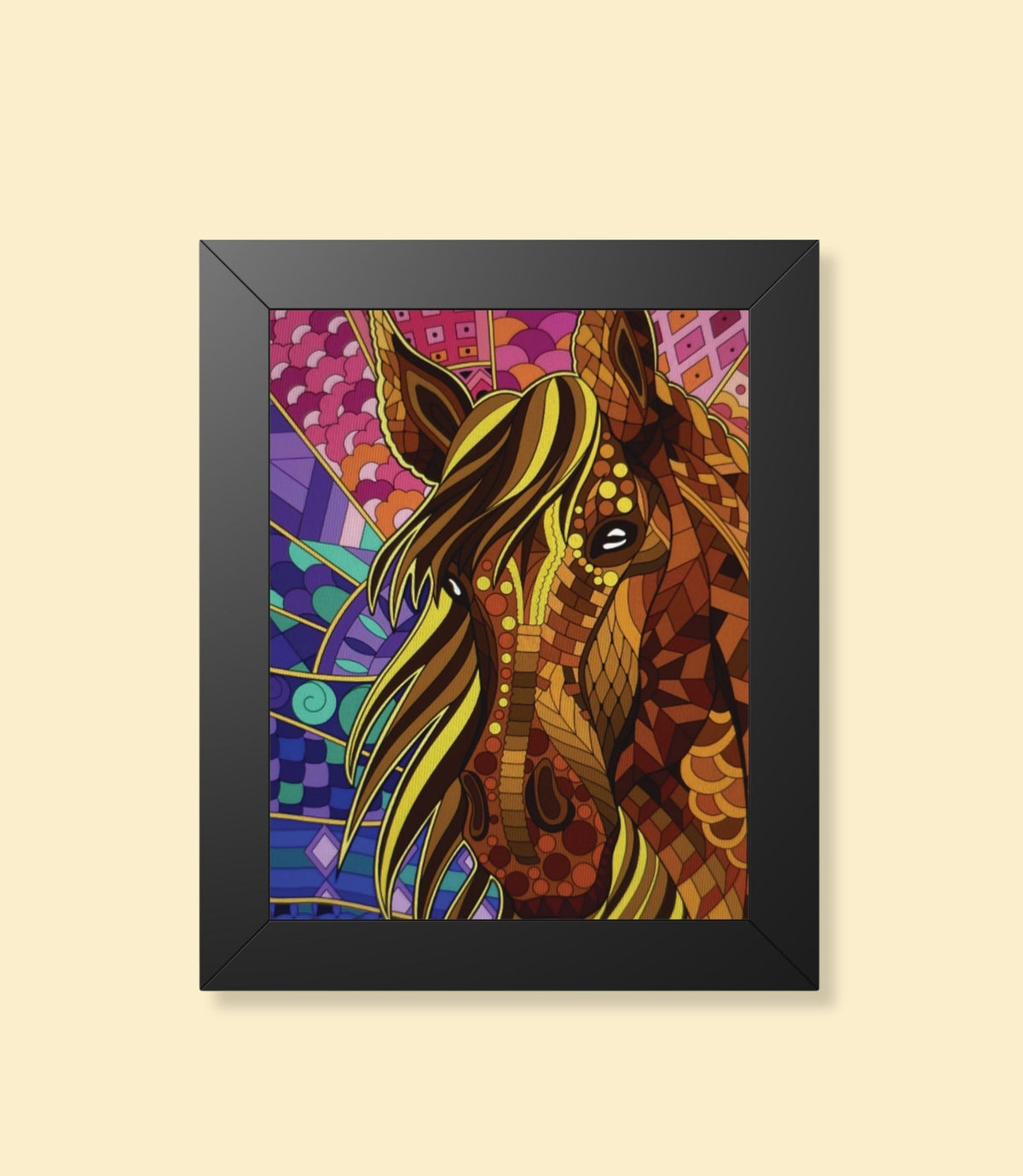 Colourful mosaic horse framed poster with black frame on a cream background