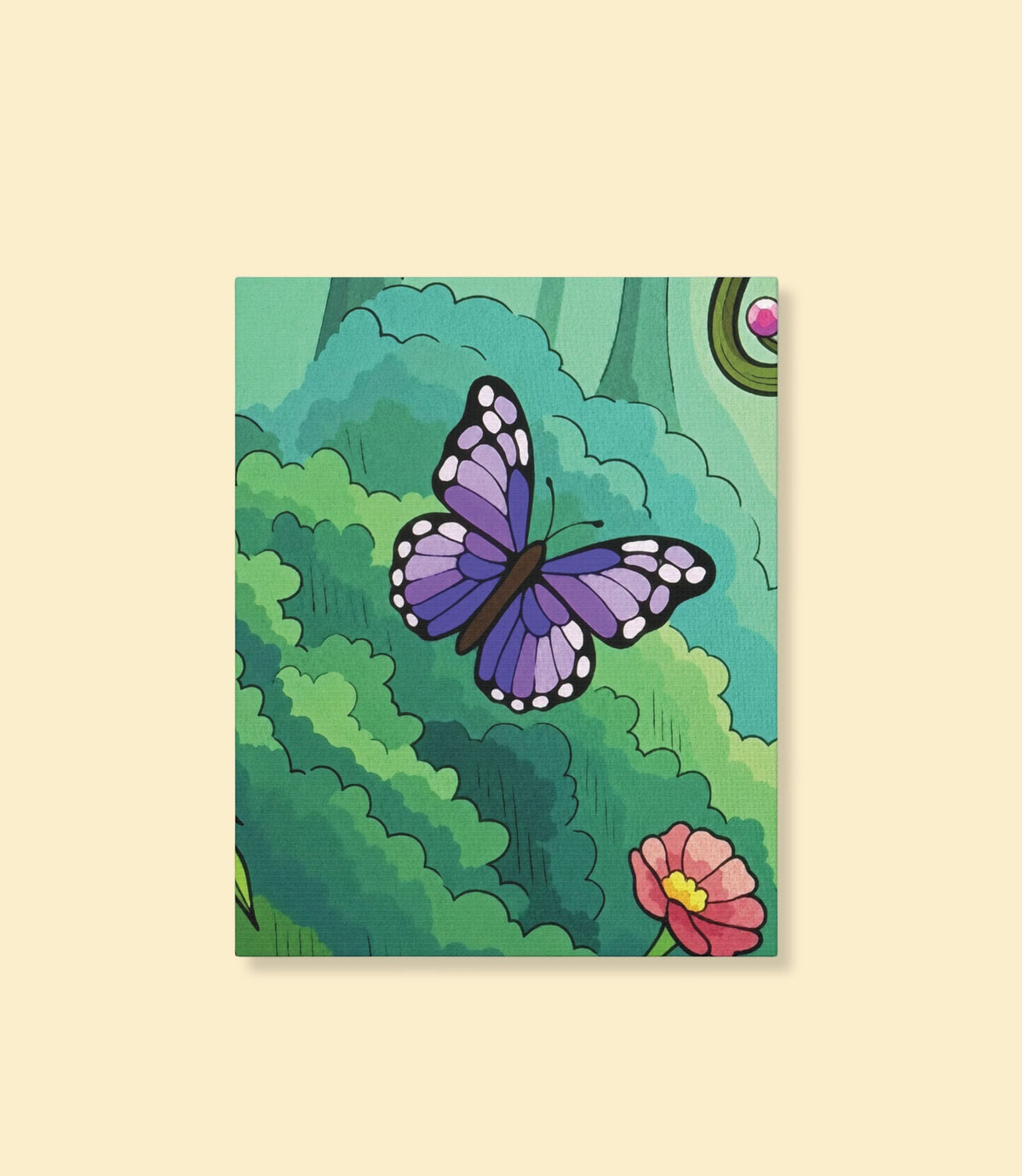 Purple butterfly garden canvas wall art on a cream background