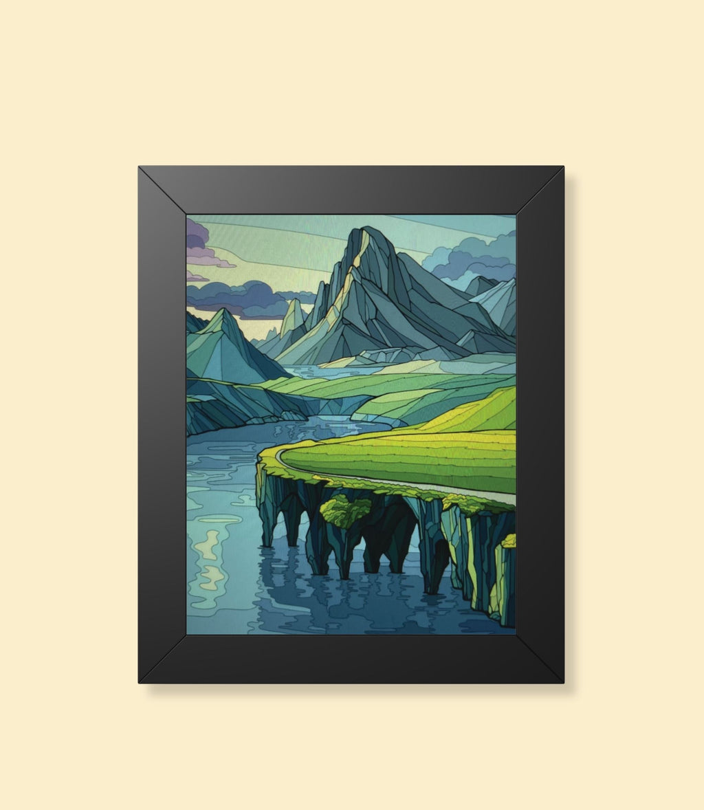 Mountain cliff seascape framed poster with black frame on a cream background