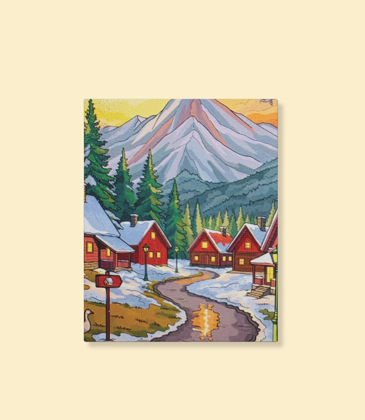 Winter mountain village canvas wall art on a cream background