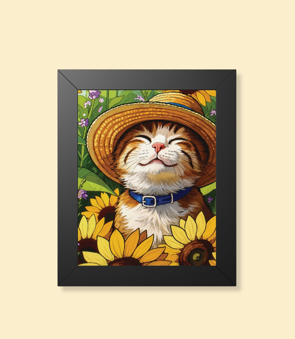Smiling cat among sunflowers framed poster with black frame on a cream background