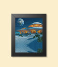 Retro space house framed poster with black frame on a cream background