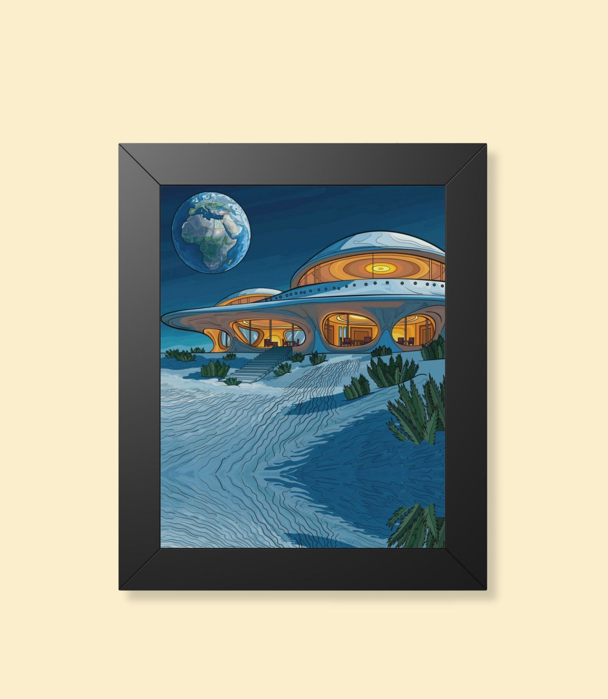 Retro space house framed poster with black frame on a cream background