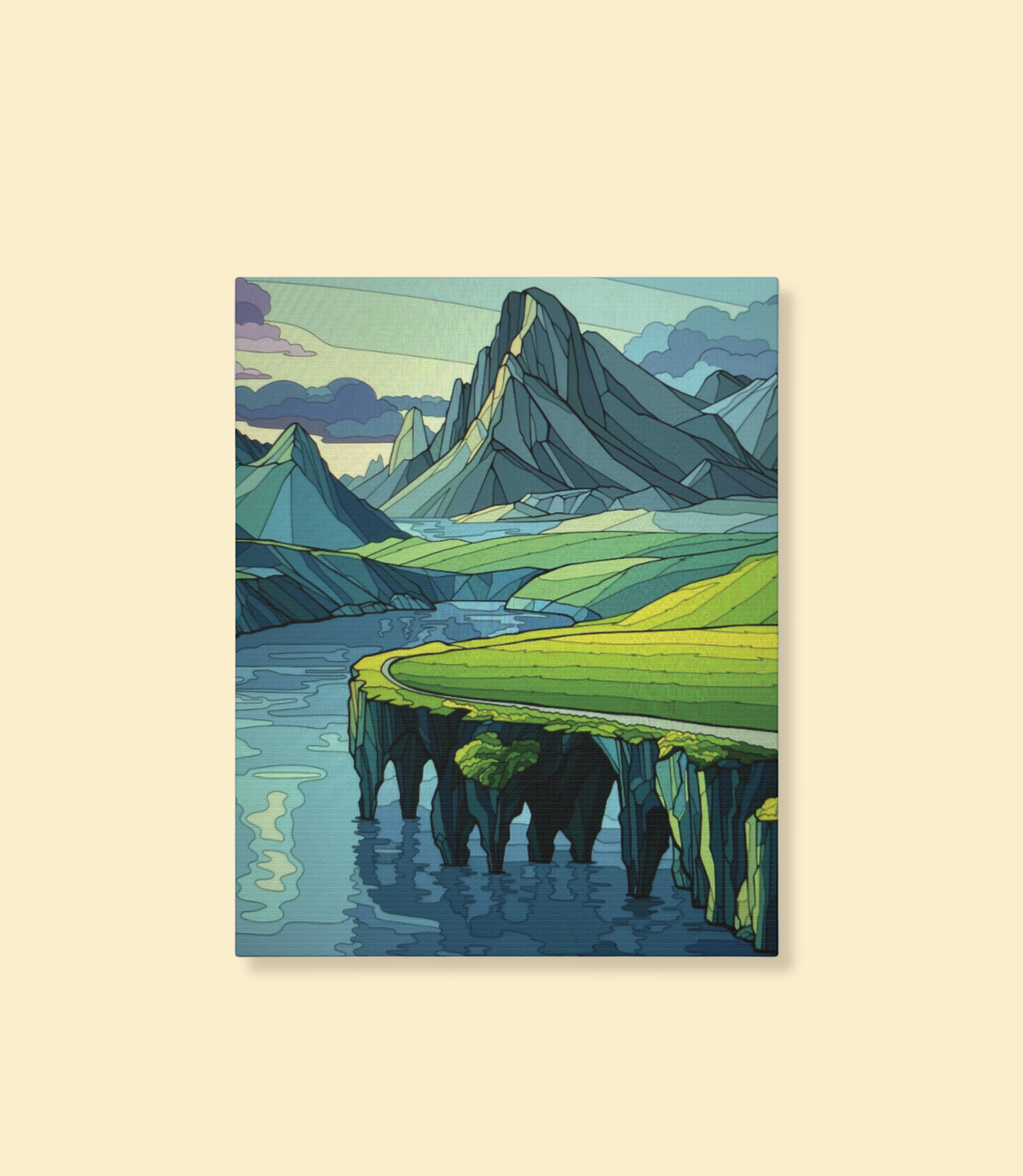 Mountain cliff seascape canvas wall art on a cream background