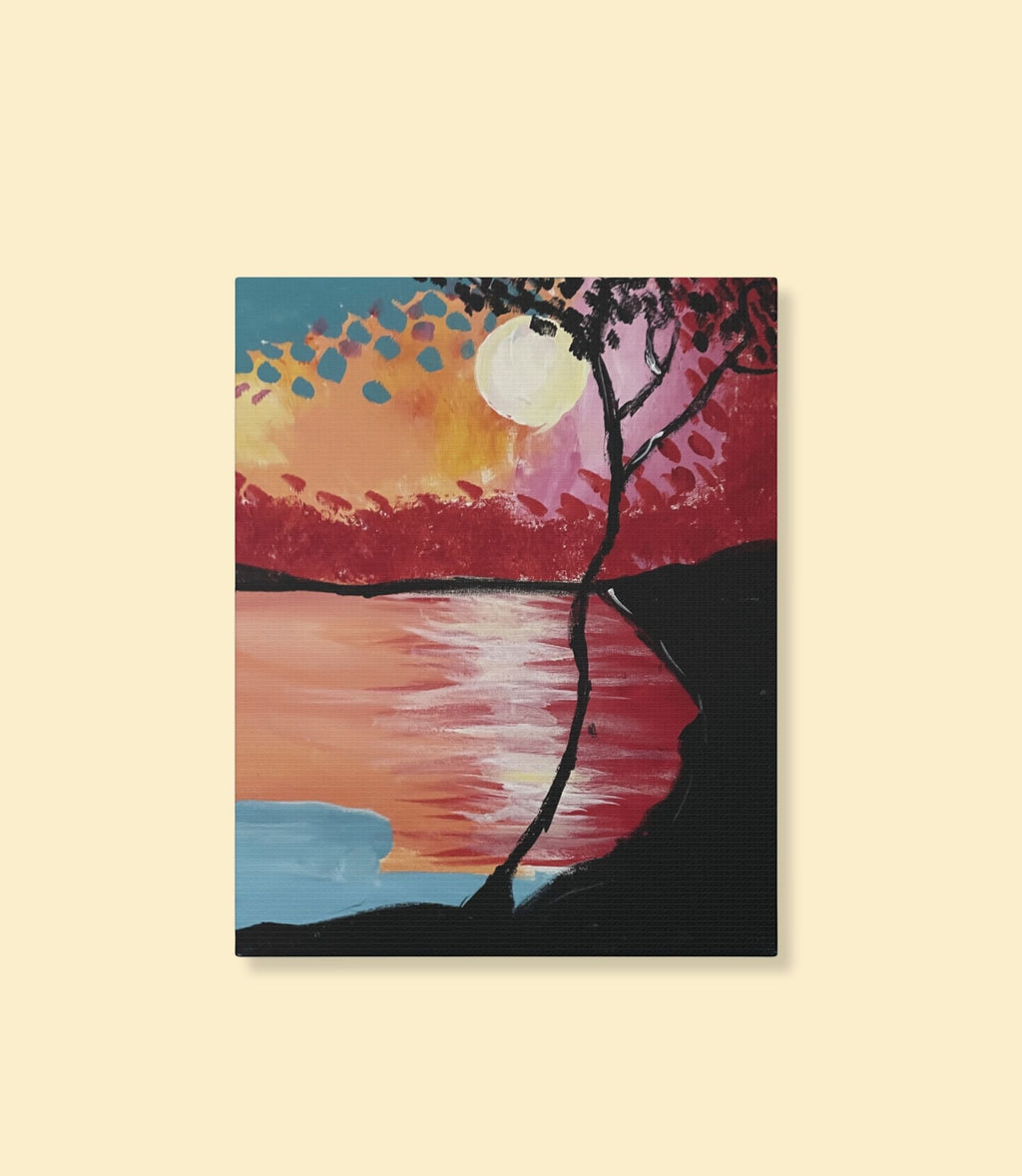 Sunset lake and silhouetted tree canvas wall art on a cream background