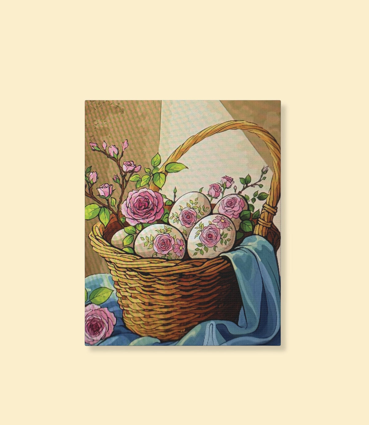 Floral Easter basket canvas wall art on a cream background