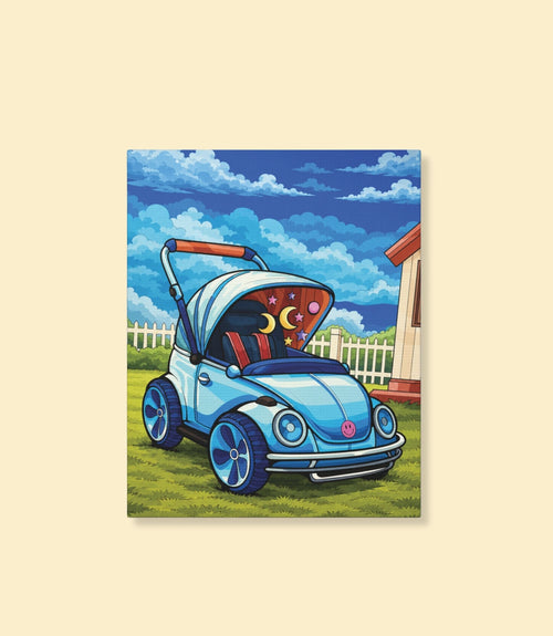 Blue bug car canvas wall art on a cream background