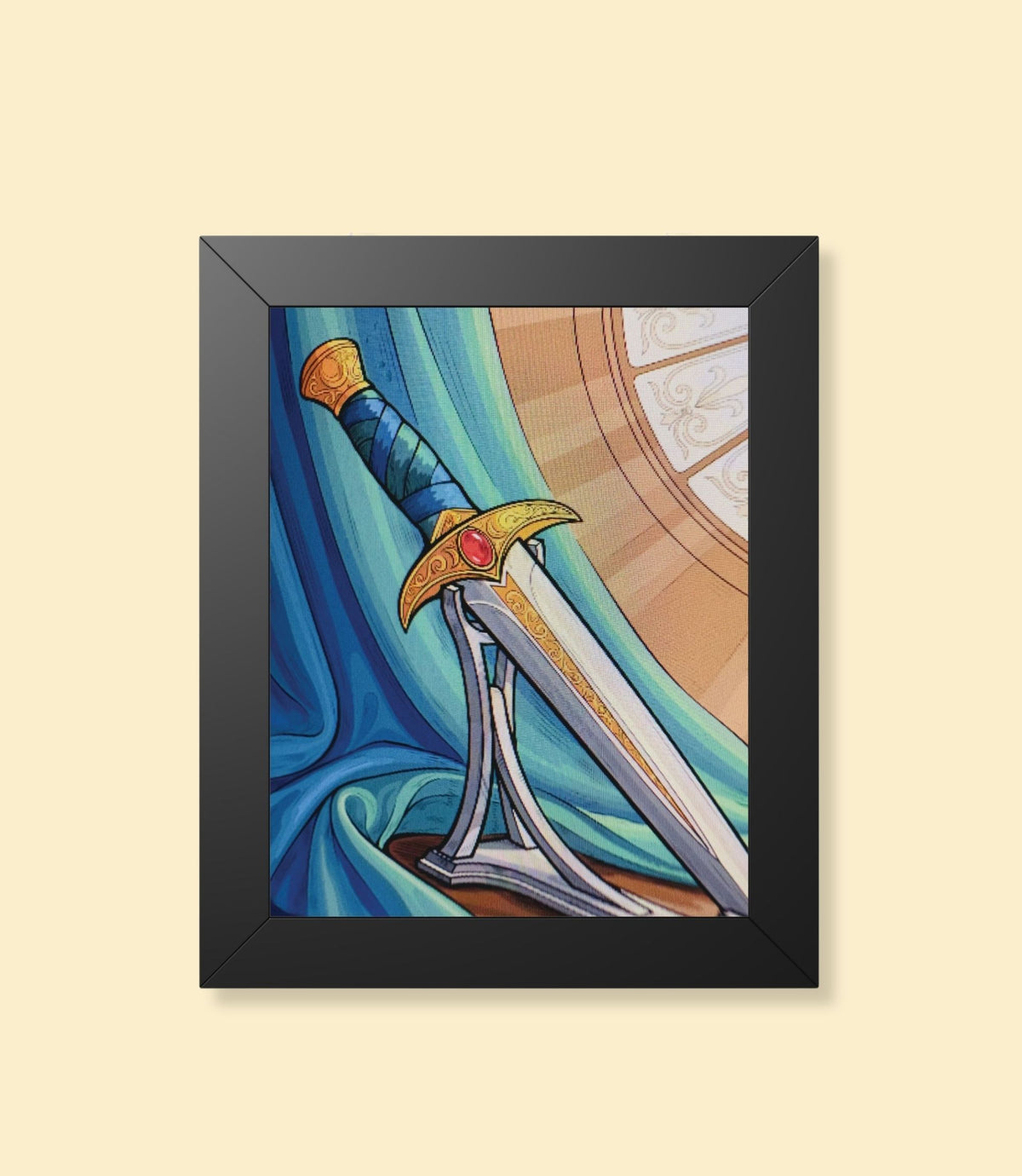 Regal fantasy sword framed poster with black frame on a cream background