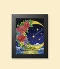 Floral crescent moon framed poster with black frame on a cream background