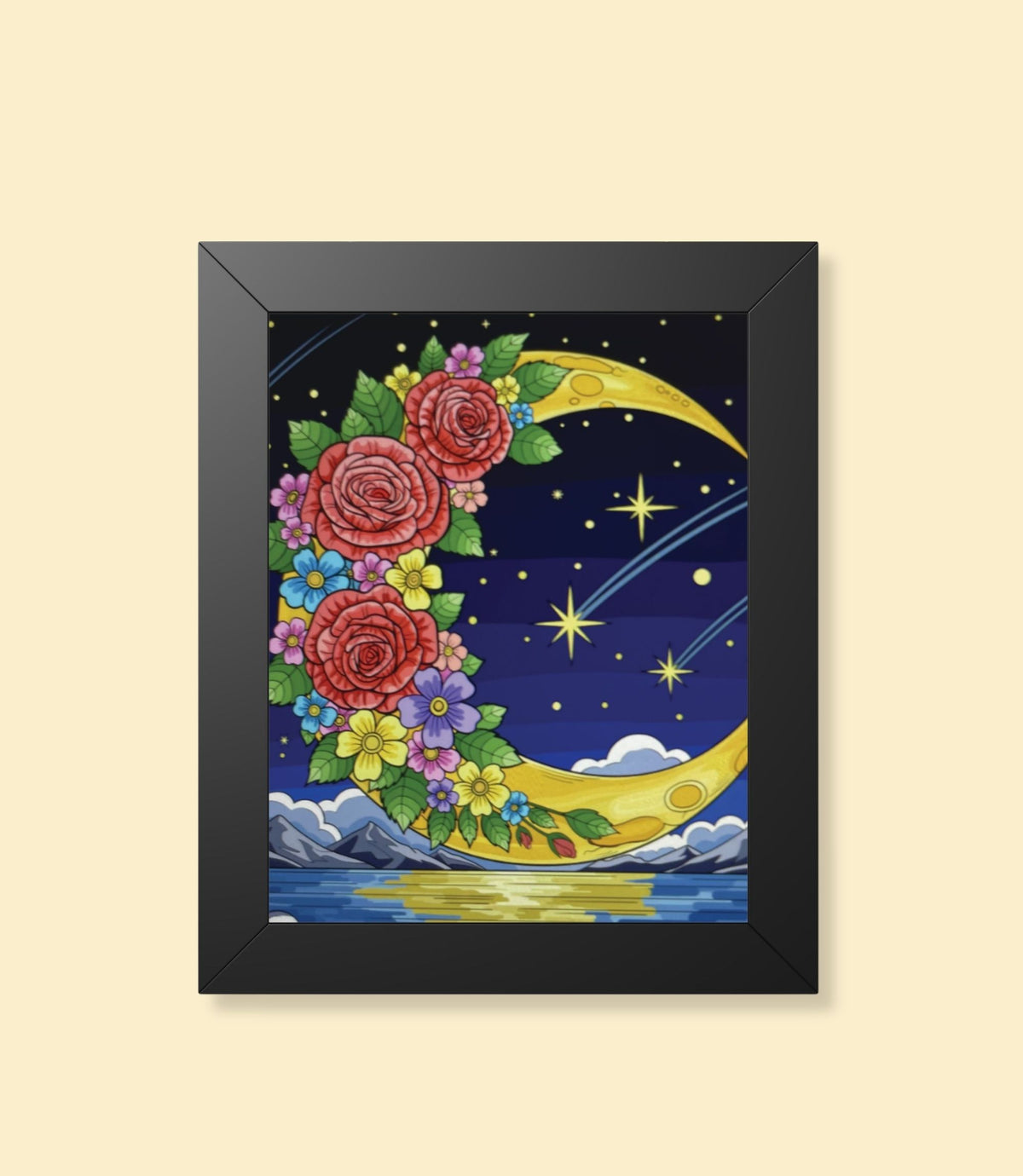 Floral crescent moon framed poster with black frame on a cream background