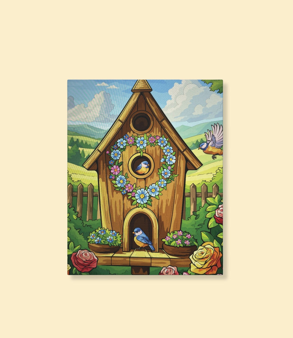 Whimsical floral birdhouse canvas wall art on a cream background