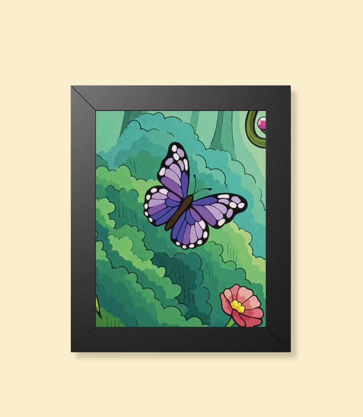 Purple butterfly garden framed poster with black frame on a cream background