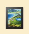 Volcanic coast and seagull framed poster with black frame on a cream background