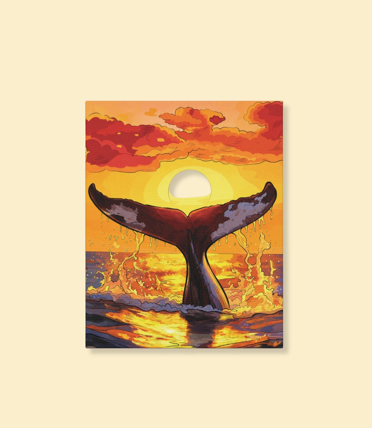Whale tail at sunset canvas wall art on a cream background