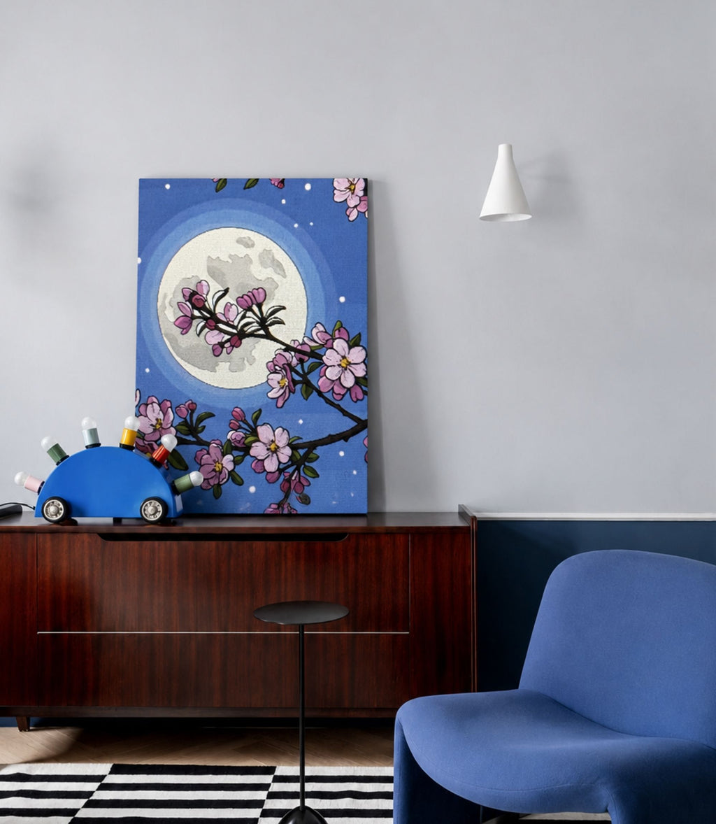 Cherry blossom moon canvas displayed in a modern interior