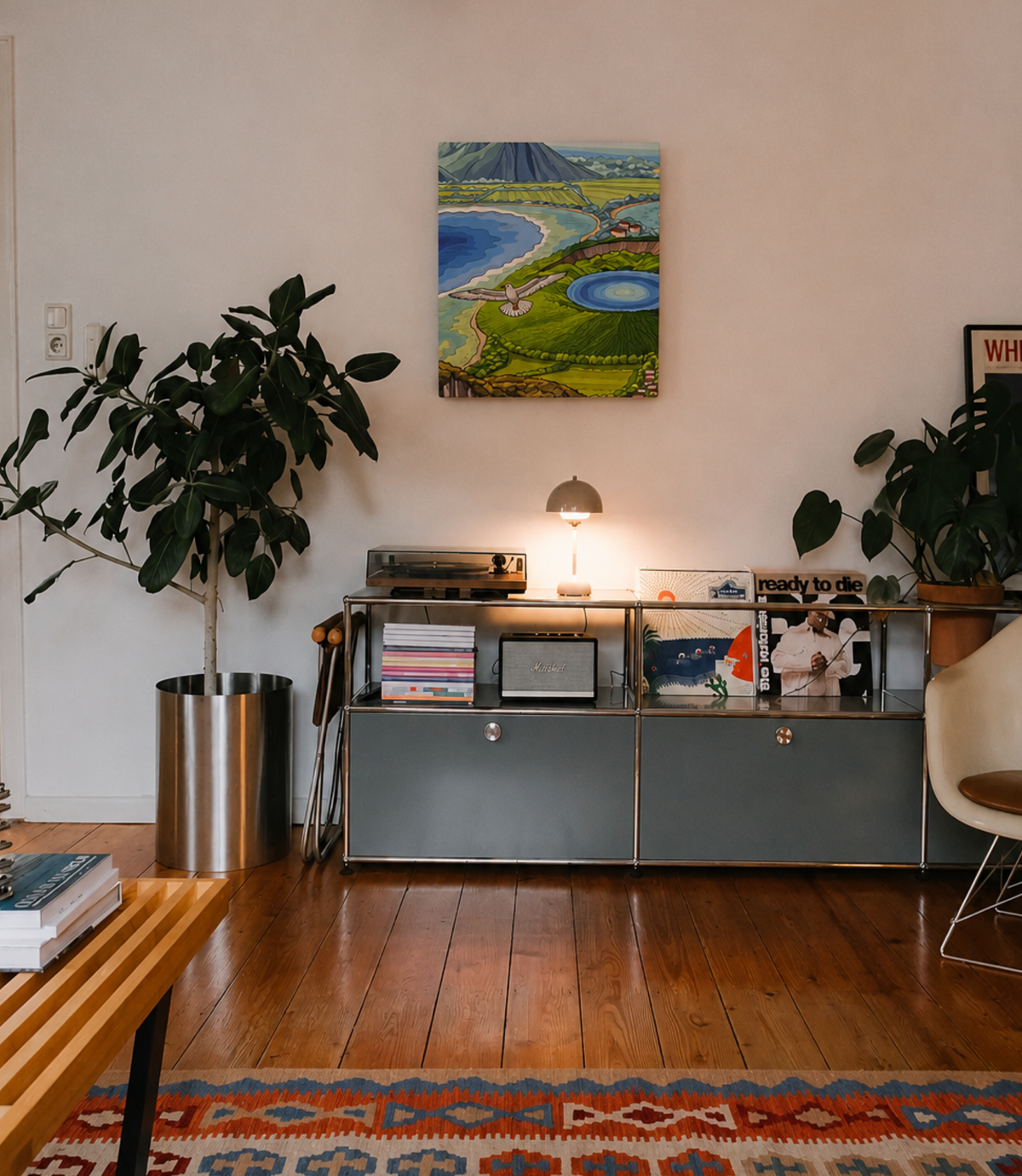 Volcanic coast and seagull canvas displayed in a modern interior
