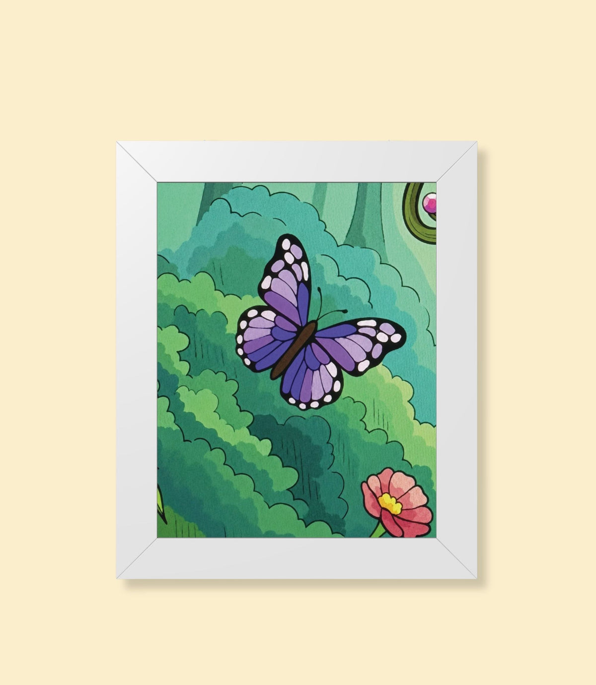 Purple butterfly garden framed poster with white frame on a cream background