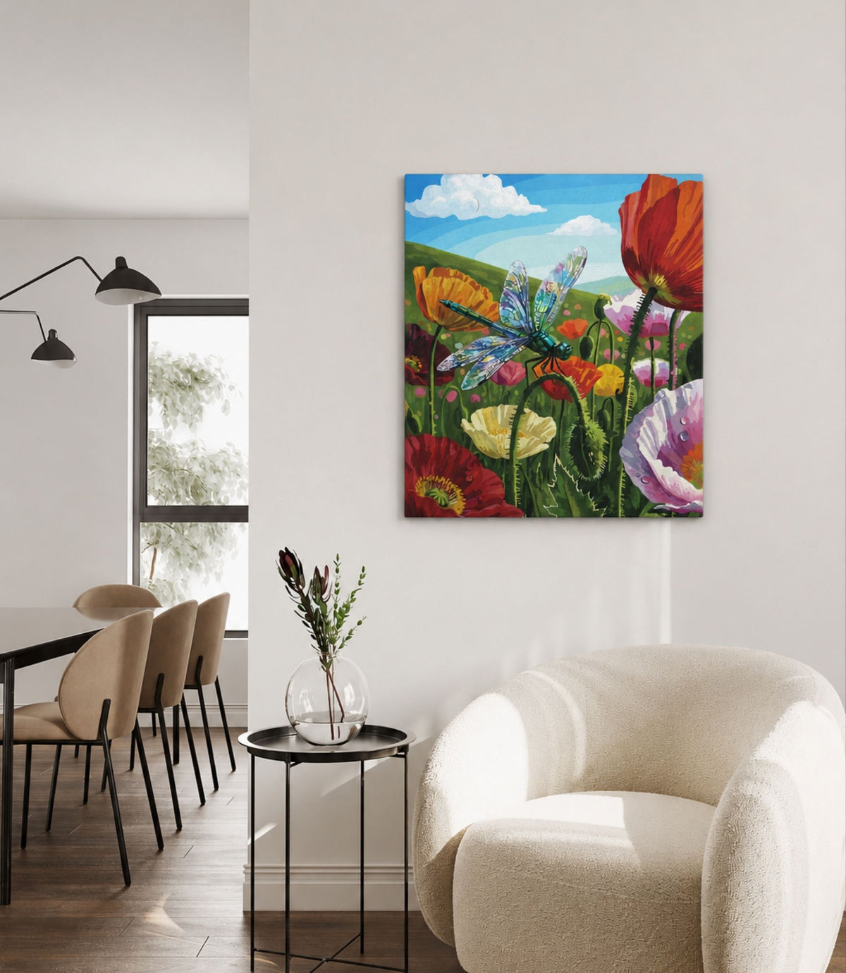 Dragonfly meadow canvas displayed in a modern interior
