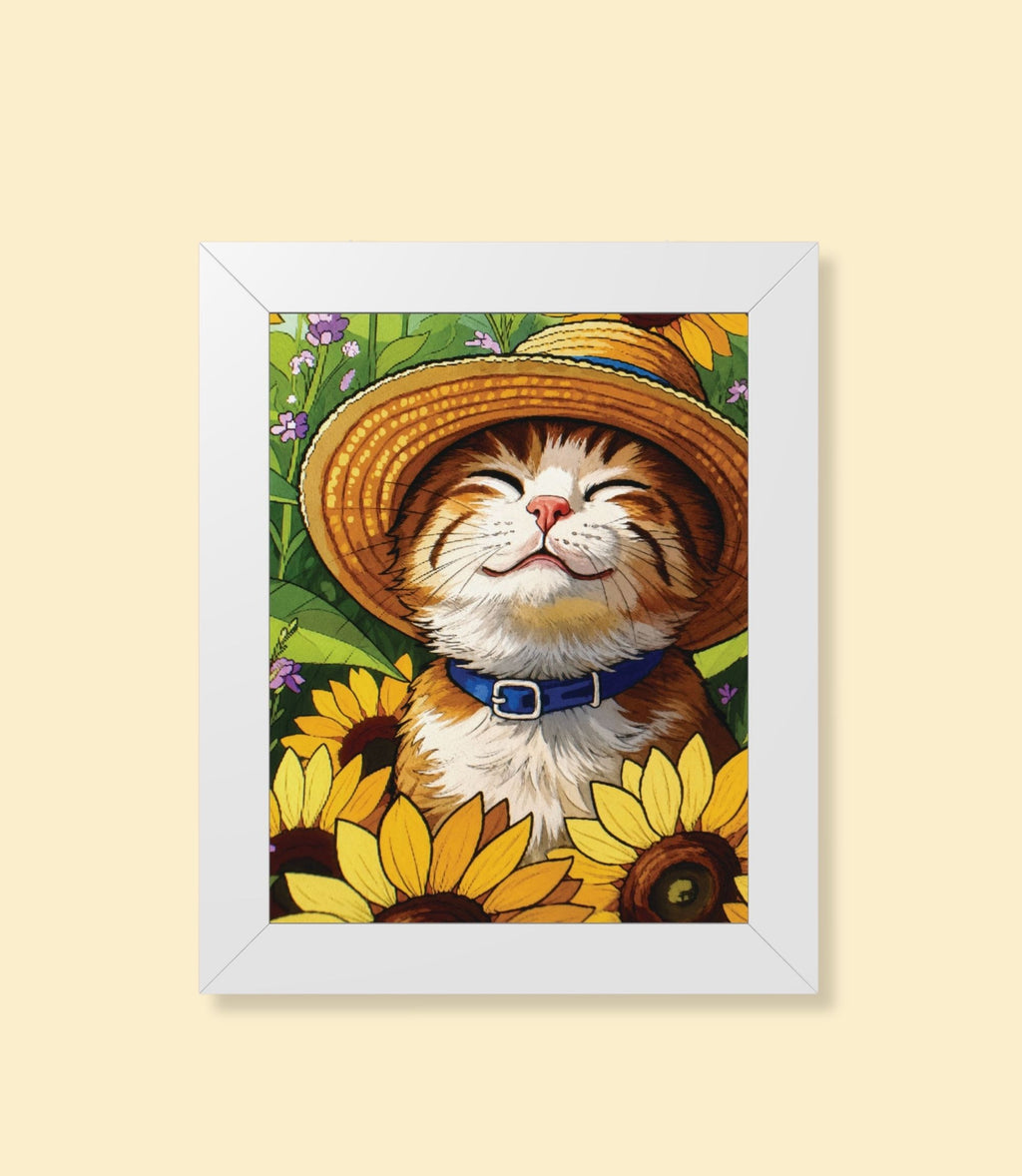 Smiling cat among sunflowers framed poster with white frame on a cream background