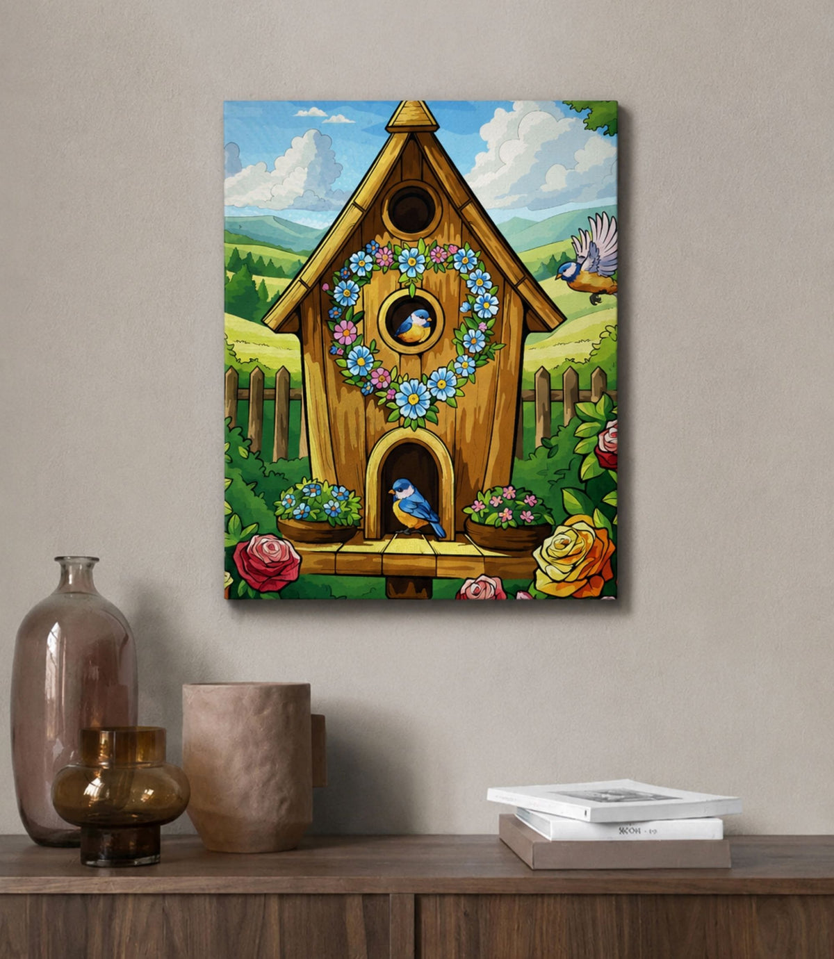 Whimsical floral birdhouse canvas displayed in a modern interior