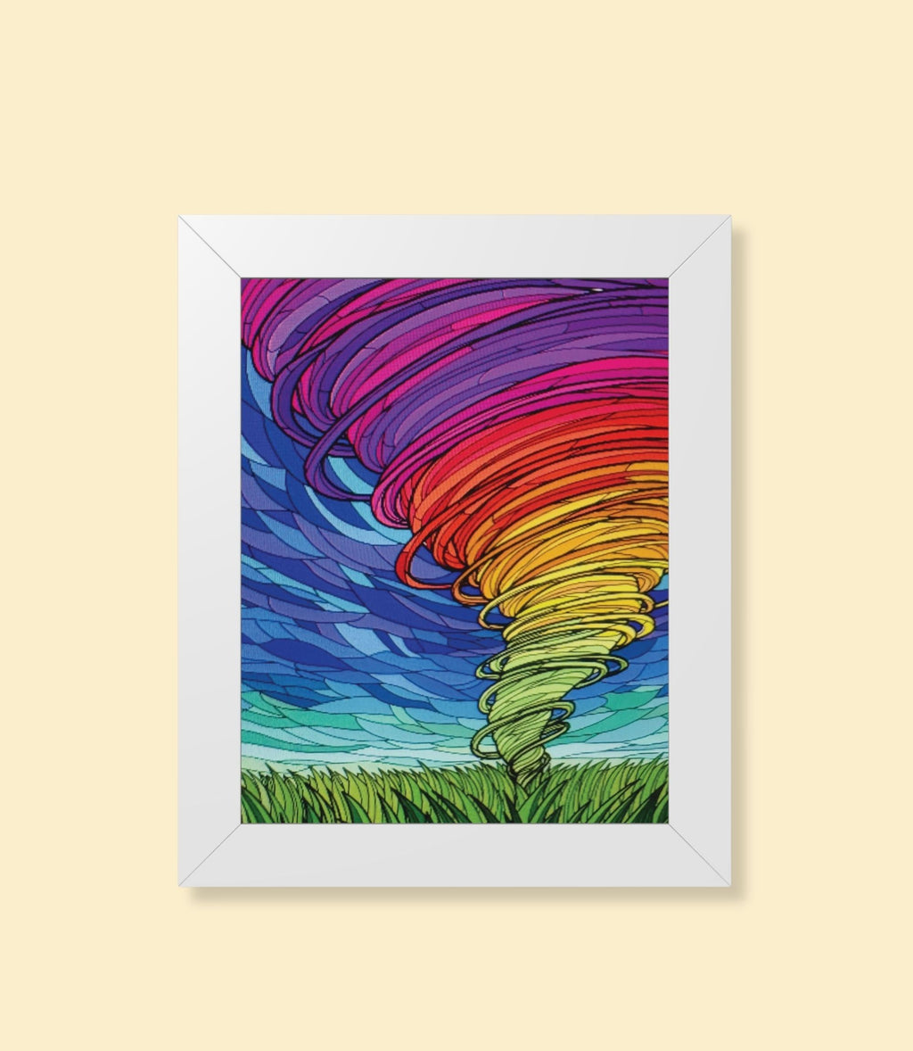 Rainbow tornado framed poster with white frame on a cream background
