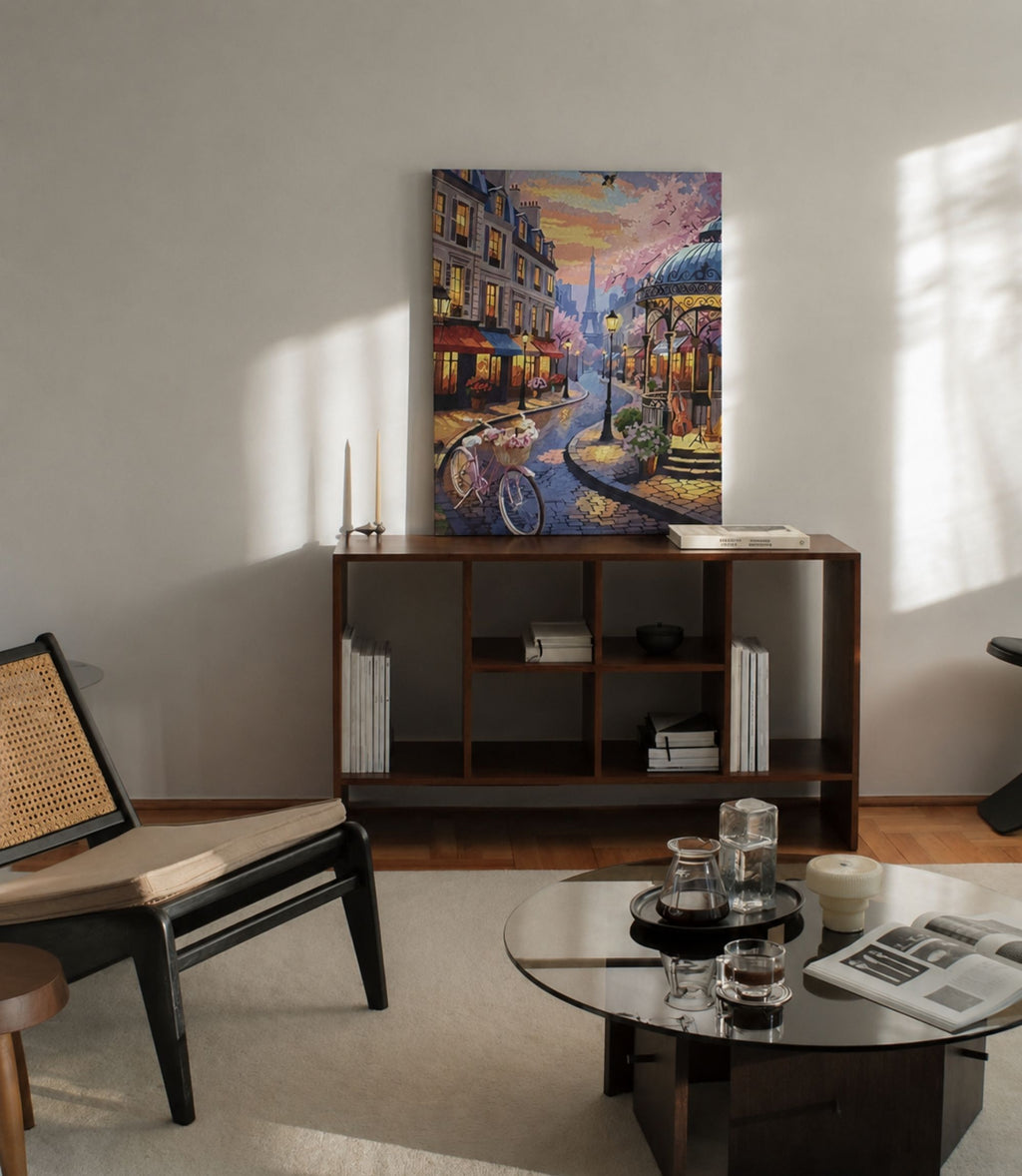 Paris street café canvas displayed in a modern interior
