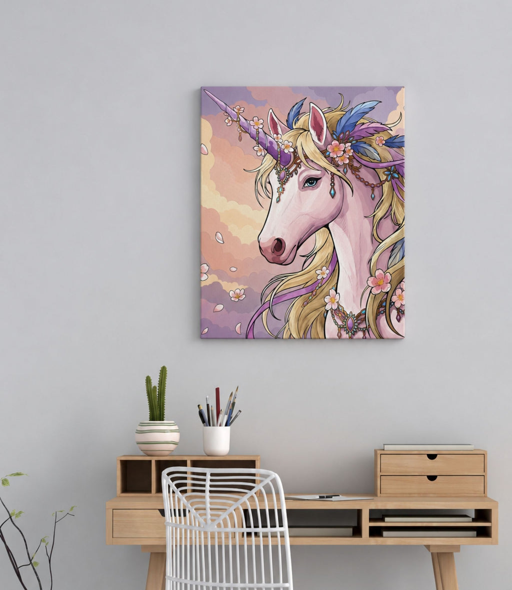Pastel unicorn canvas displayed in a modern interior