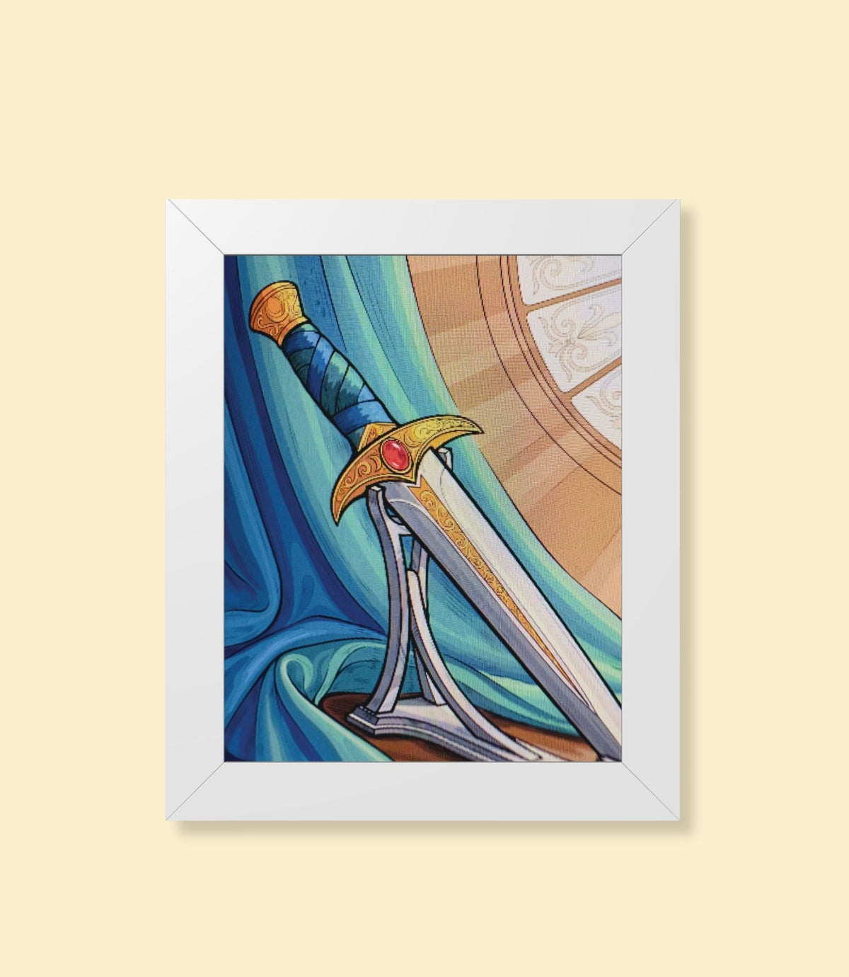 Regal fantasy sword framed poster with white frame on a cream background