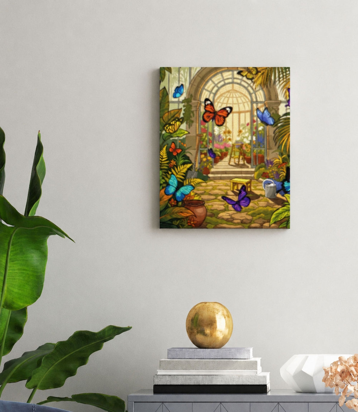 Butterfly conservatory canvas displayed in a modern interior