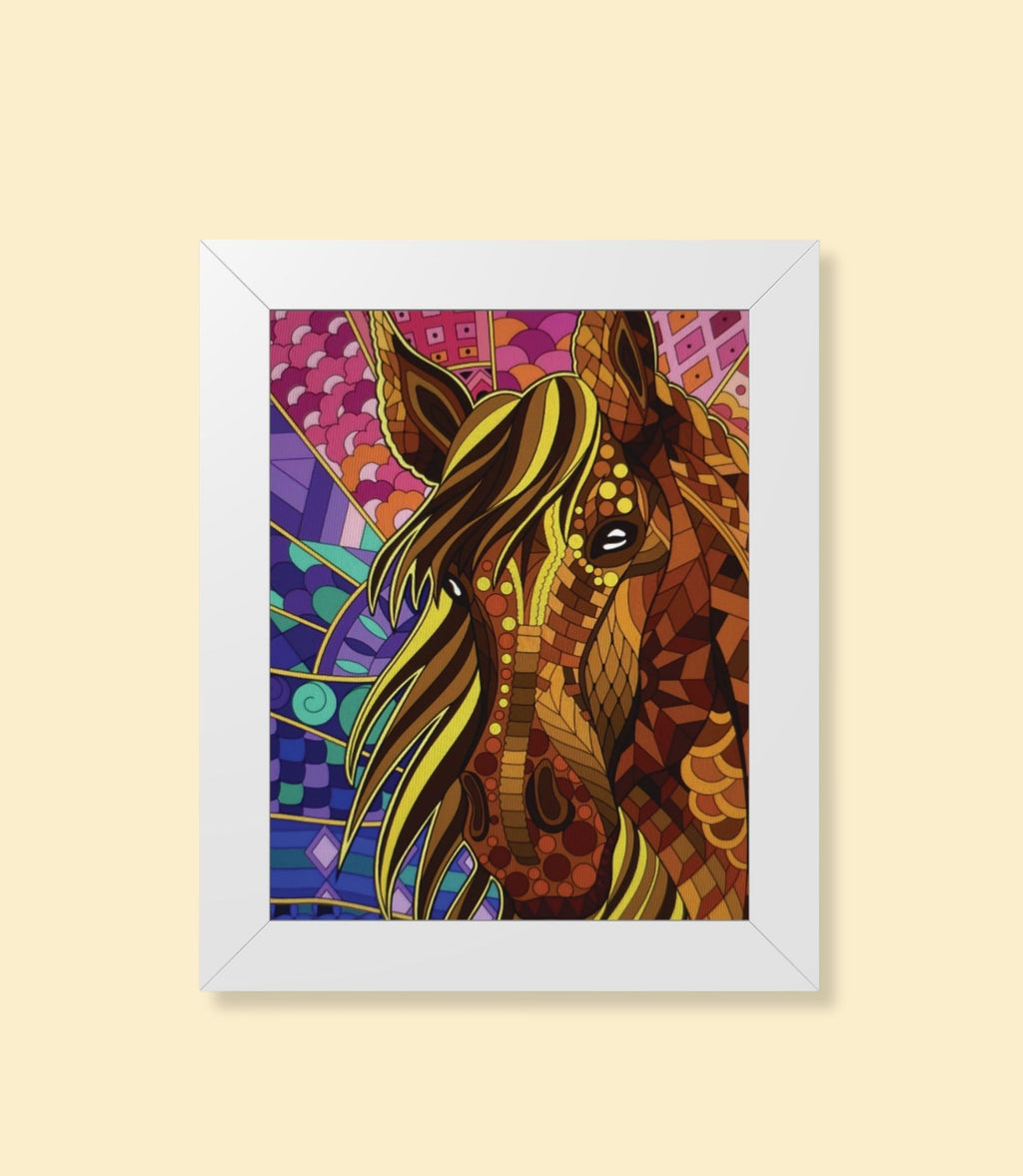 Colourful mosaic horse framed poster with white frame on a cream background