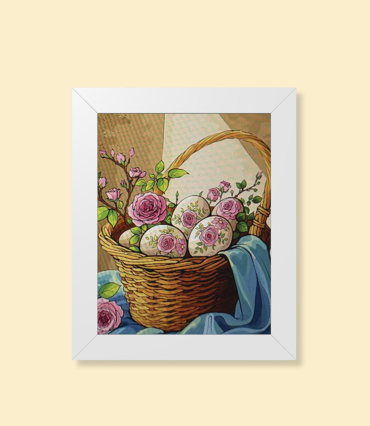 Floral Easter basket framed poster with white frame on a cream background